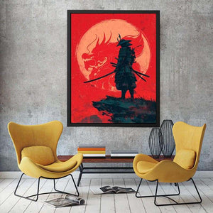 Samurai dragon canvas art in red and black for bold bedroom or office decor.