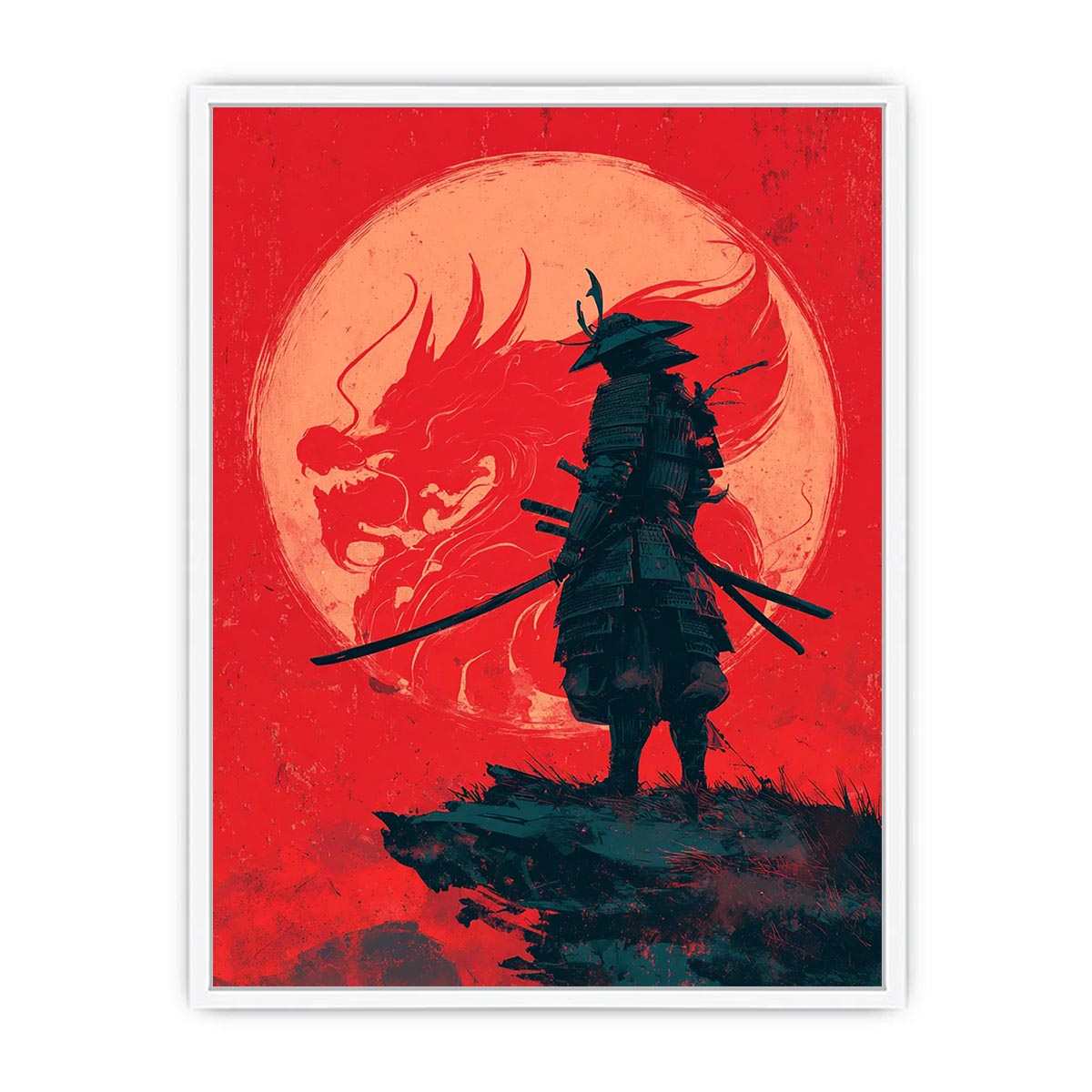 Samurai dragon canvas art in red and black for bold bedroom or office decor.