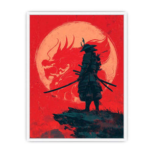 Samurai dragon canvas art in red and black for bold bedroom or office decor.