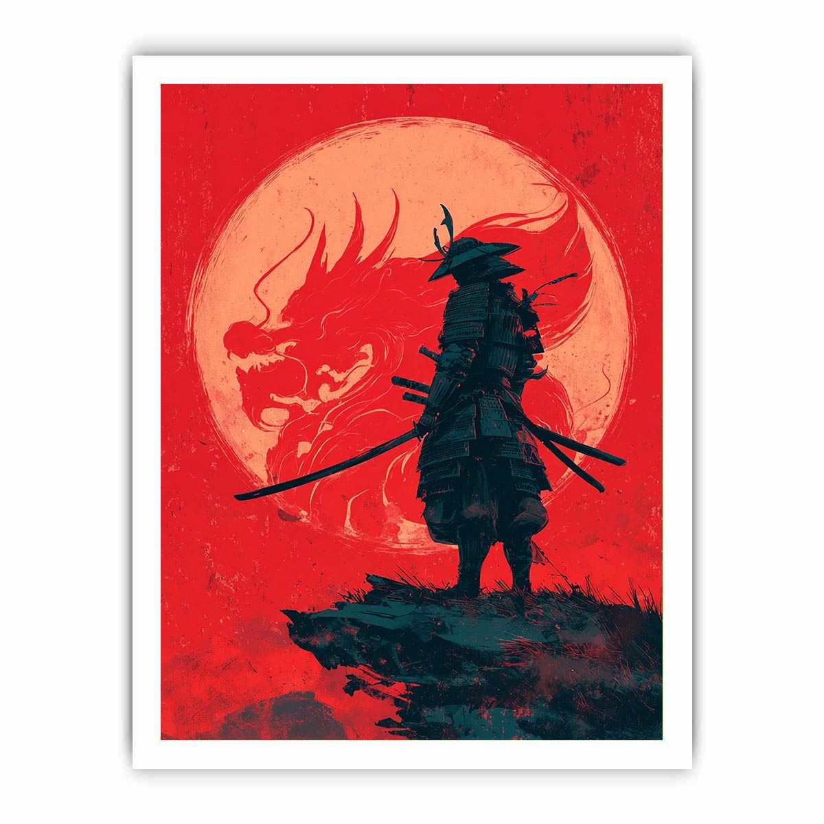 Samurai dragon canvas art in red and black for bold bedroom or office decor.
