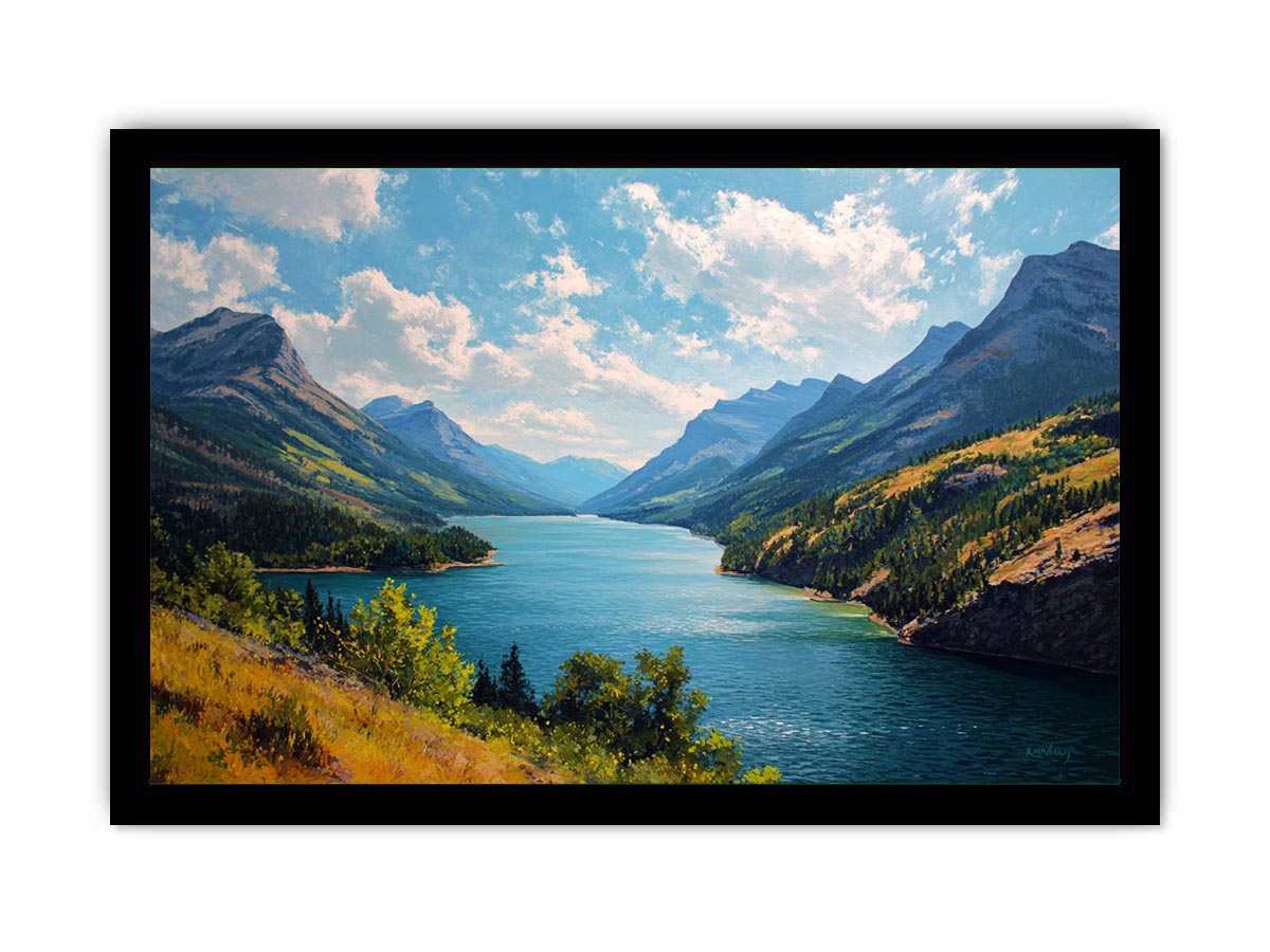 Mountain lake canvas art with blue water and green valley for living room decor.