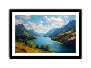 Mountain lake canvas art with blue water and green valley for living room decor.