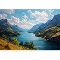 Mountain lake canvas art with blue water and green valley for living room decor.