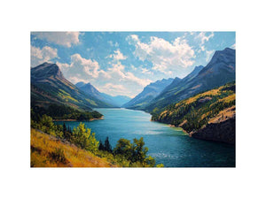 Mountain lake canvas art with blue water and green valley for living room decor.