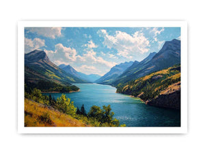 Mountain lake canvas art with blue water and green valley for living room decor.