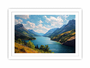 Mountain lake canvas art with blue water and green valley for living room decor.