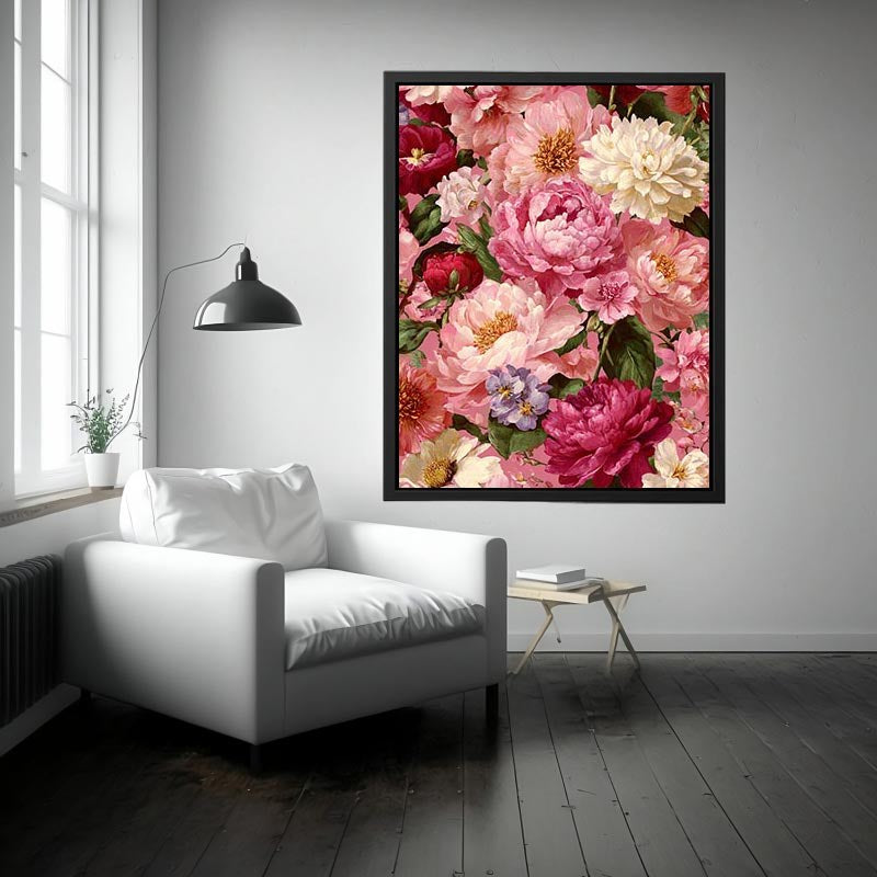 Pink peony floral canvas art for elegant bedroom and living room decor.