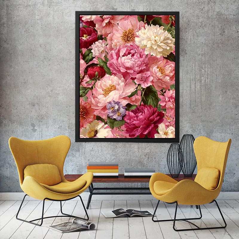 Pink peony floral canvas art for elegant bedroom and living room decor.