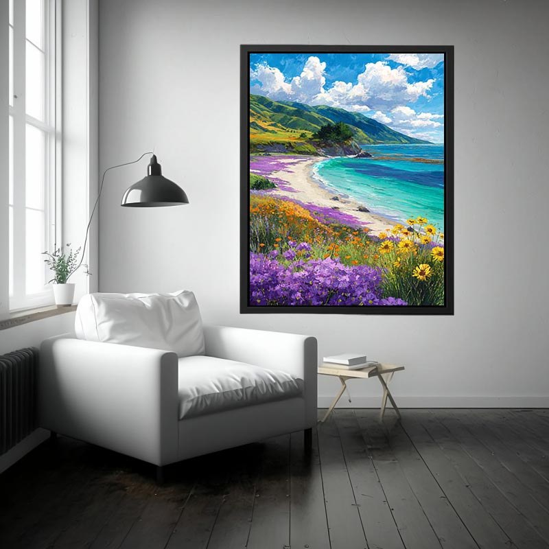 Coastal wildflower canvas art with turquoise ocean for bright living room decor.