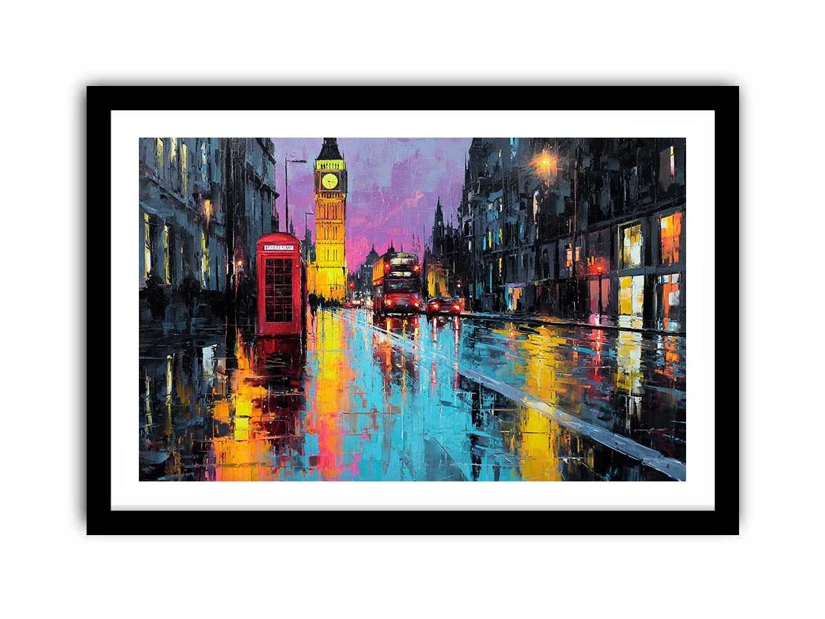 Rainy London canvas art with Big Ben and red phone booth for office decor.