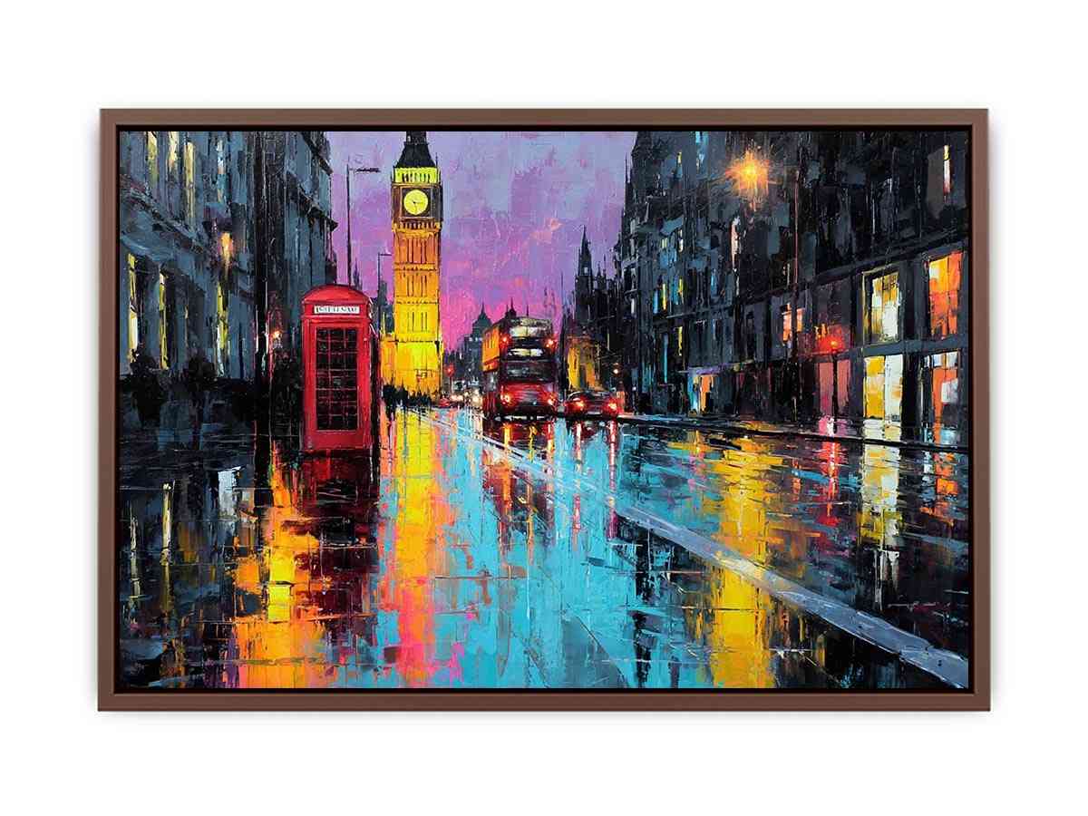 Rainy London canvas art with Big Ben and red phone booth for office decor.