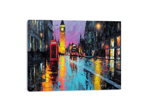 Rainy London canvas art with Big Ben and red phone booth for office decor.