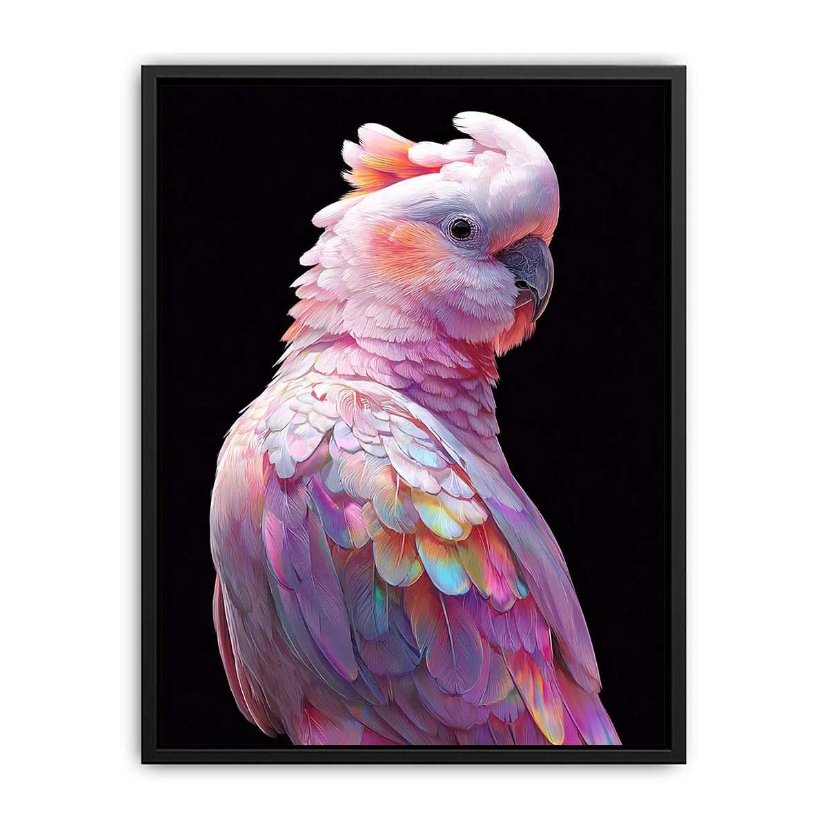 Pink cockatoo canvas art with colorful feathers for modern living room decor.