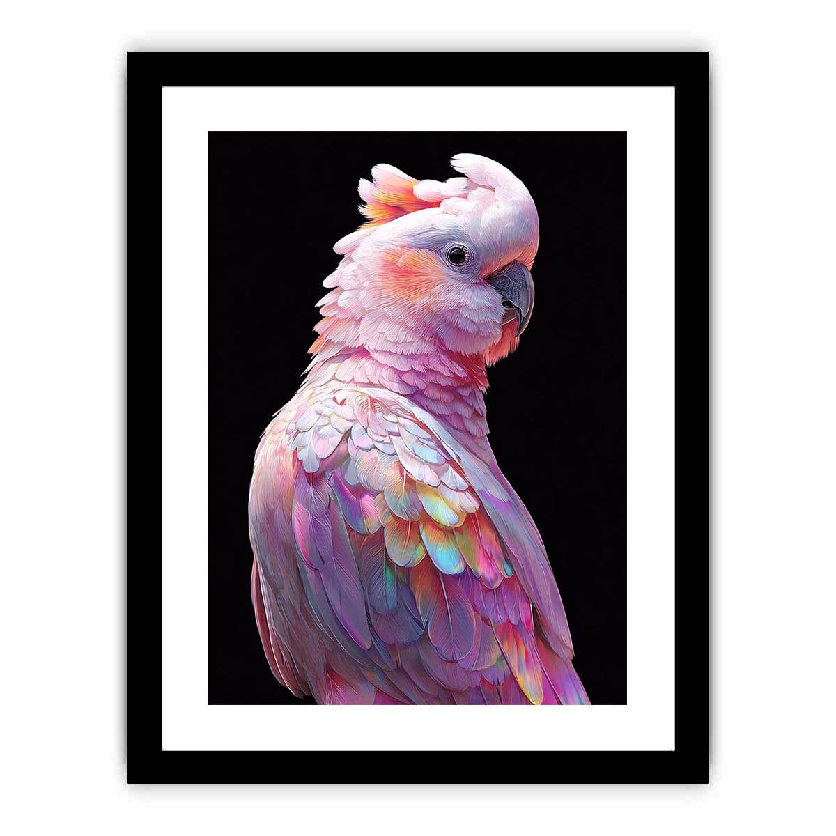 Pink cockatoo canvas art with colorful feathers for modern living room decor.