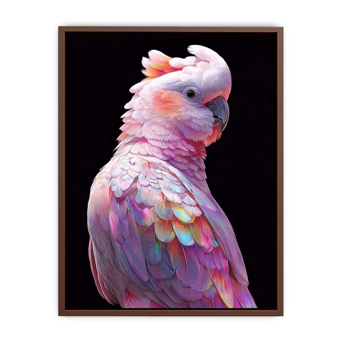 Pink cockatoo canvas art with colorful feathers for modern living room decor.