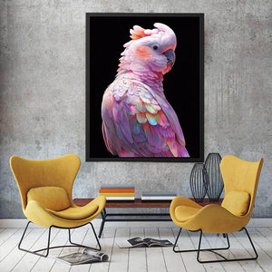 Pink cockatoo canvas art with colorful feathers for modern living room decor.