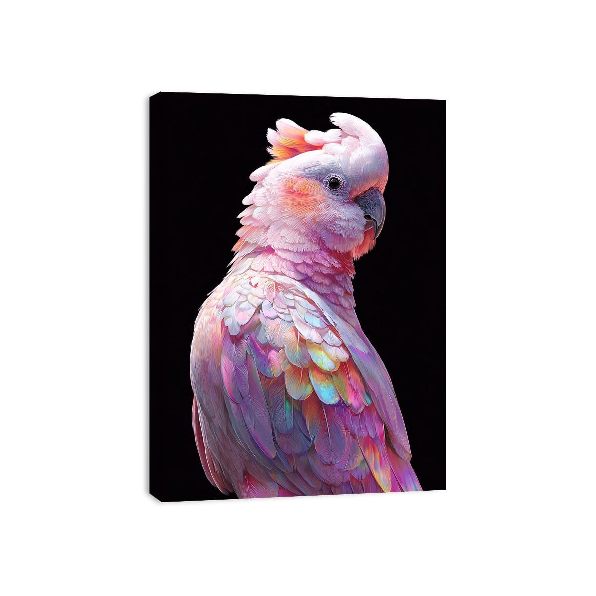 Pink cockatoo canvas art with colorful feathers for modern living room decor.