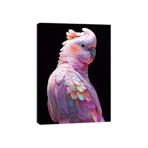 Pink cockatoo canvas art with colorful feathers for modern living room decor.