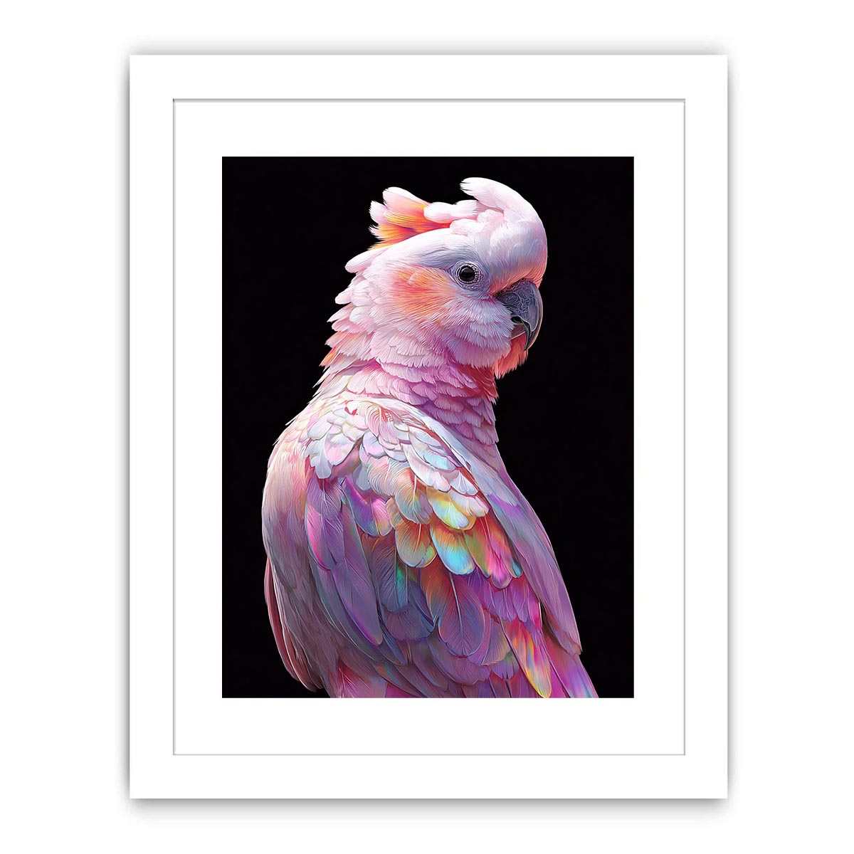 Pink cockatoo canvas art with colorful feathers for modern living room decor.