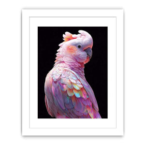 Pink cockatoo canvas art with colorful feathers for modern living room decor.