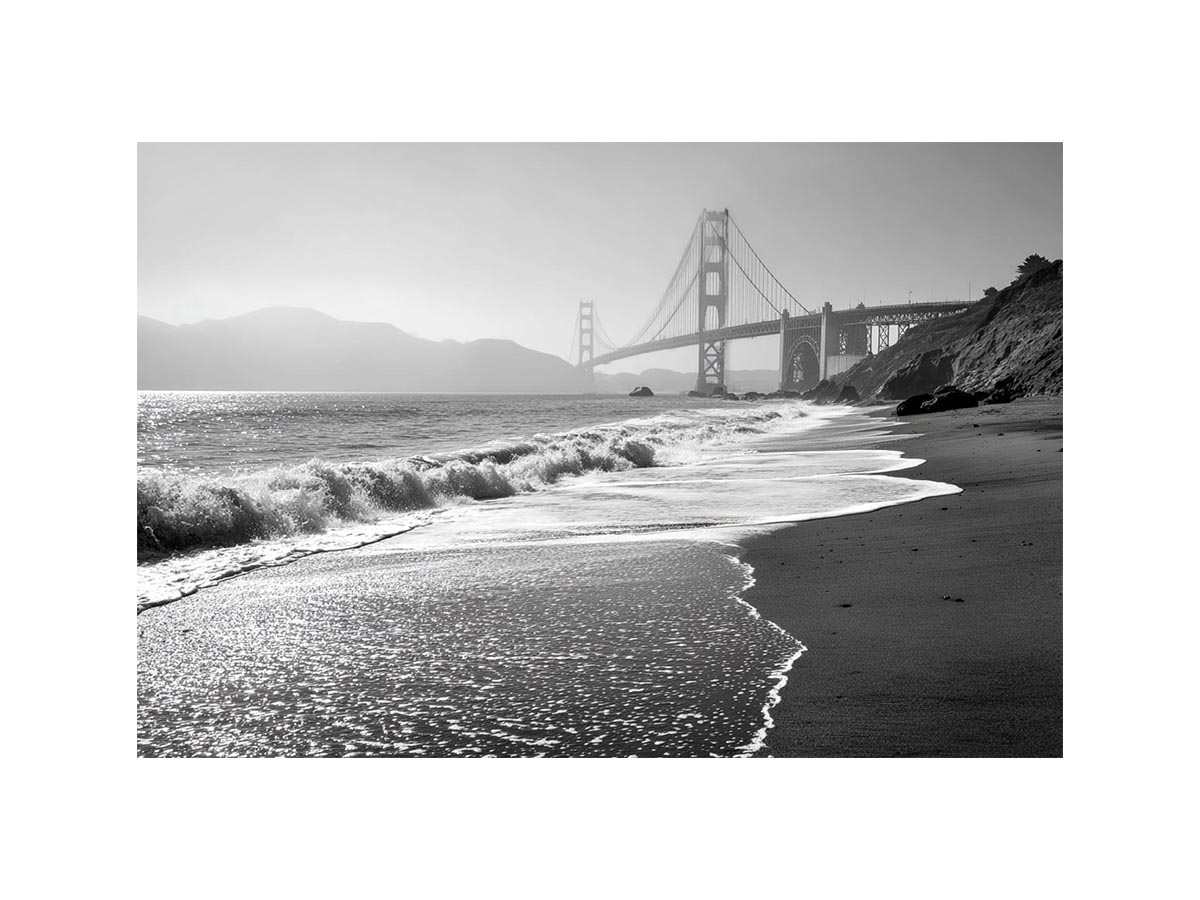 Black and white Golden Gate Bridge coastal photography for modern living room decor.