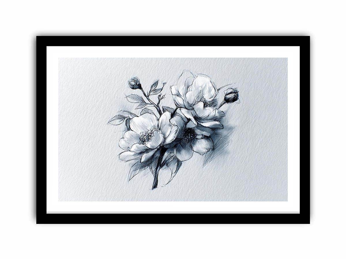 Elegant floral line art sketch with flowers and buds for calm bedroom decor.