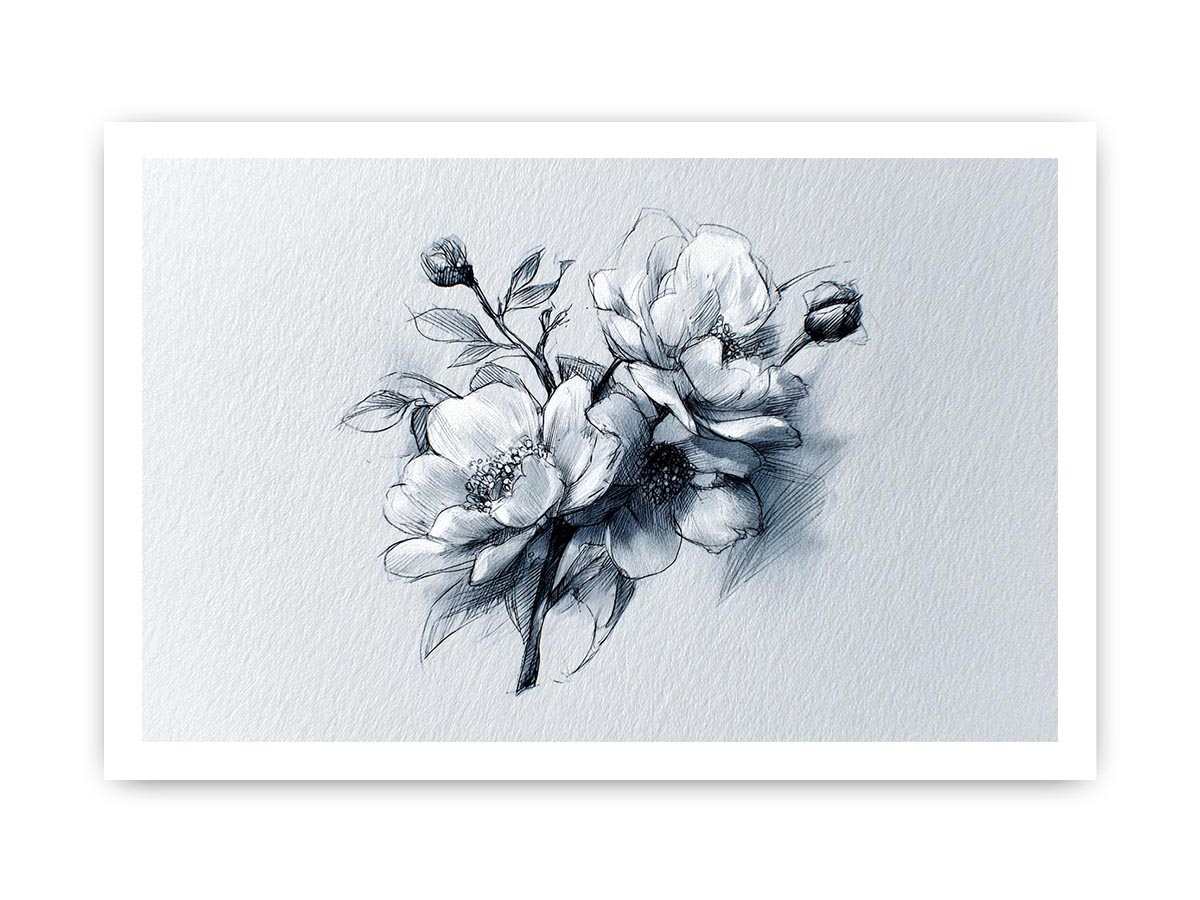 Elegant floral line art sketch with flowers and buds for calm bedroom decor.