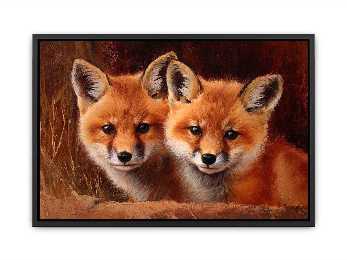 Two warm foxes in rustic wildlife painting style for cozy living room decor.