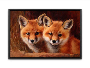 Two warm foxes in rustic wildlife painting style for cozy living room decor.