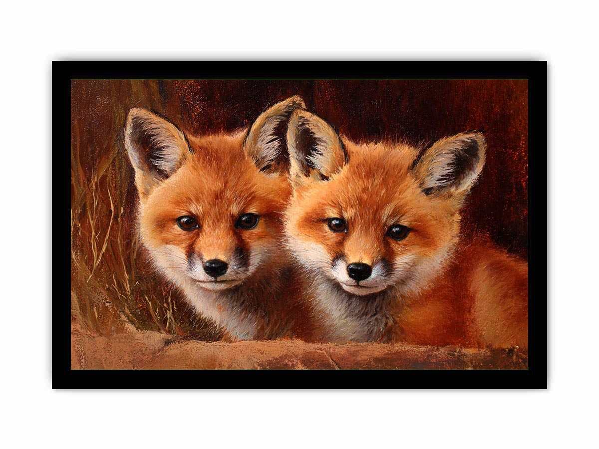 Two warm foxes in rustic wildlife painting style for cozy living room decor.