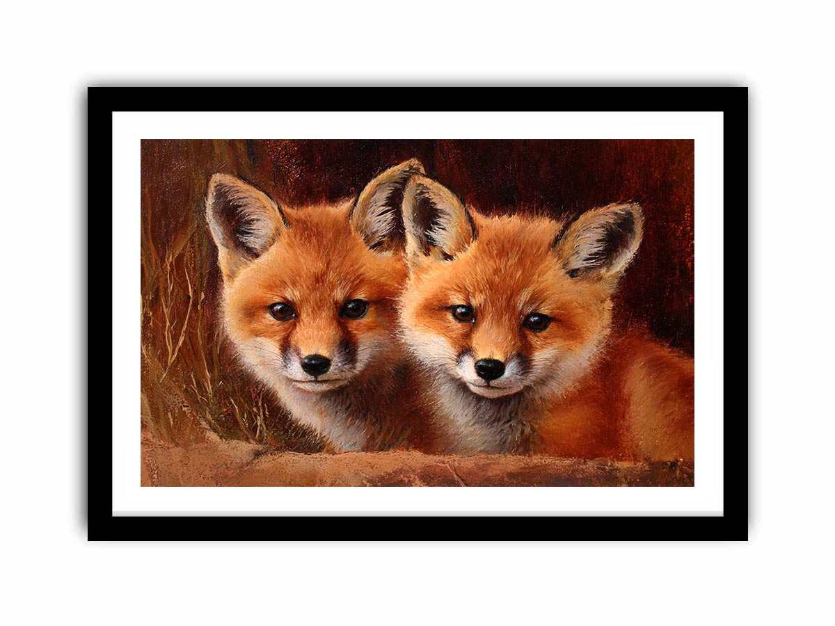 Two warm foxes in rustic wildlife painting style for cozy living room decor.