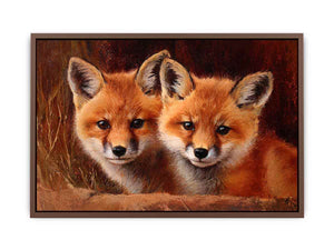 Two warm foxes in rustic wildlife painting style for cozy living room decor.
