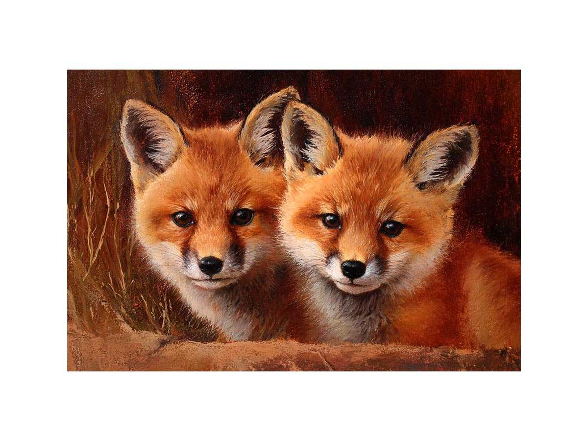 Two warm foxes in rustic wildlife painting style for cozy living room decor.