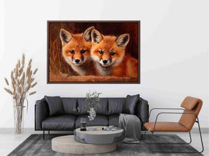 Two warm foxes in rustic wildlife painting style for cozy living room decor.