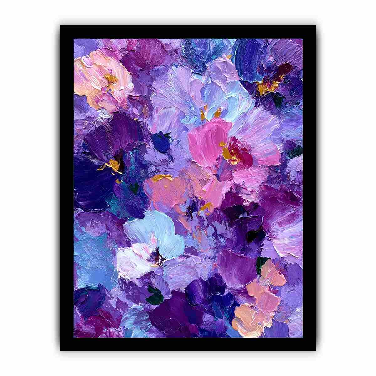 Purple abstract floral impasto canvas art for vibrant modern bedroom decor.