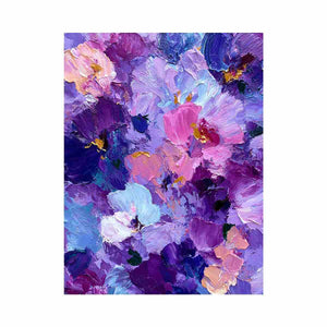 Purple abstract floral impasto canvas art for vibrant modern bedroom decor.