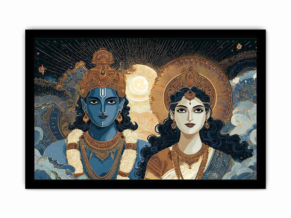 Ornate spiritual deity artwork with blue and gold tones for elegant living room decor.