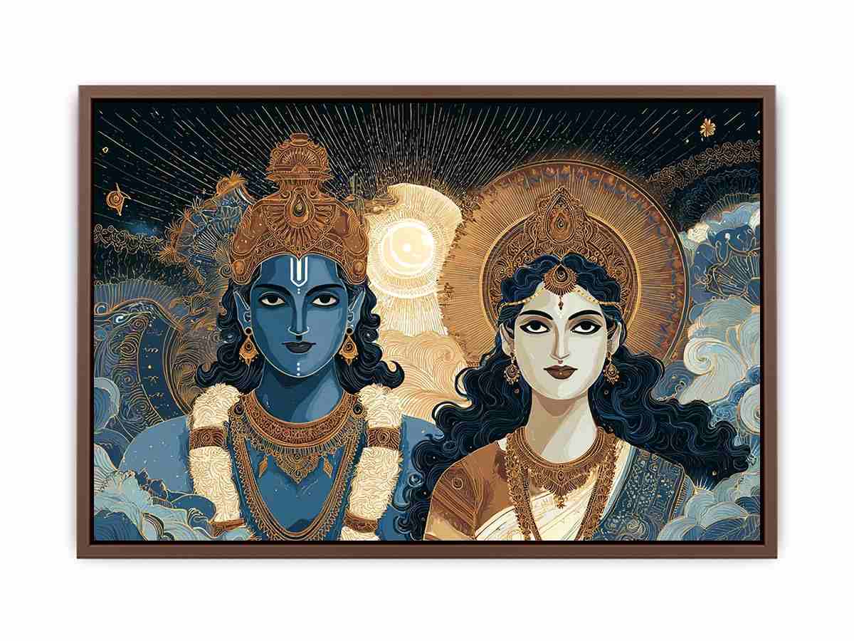 Ornate spiritual deity artwork with blue and gold tones for elegant living room decor.