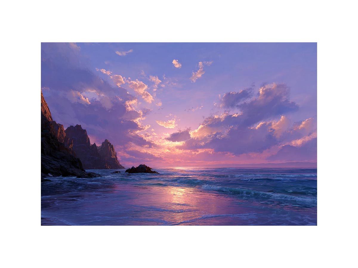Dreamy purple coastal sunset seascape canvas art for peaceful bedroom decor.