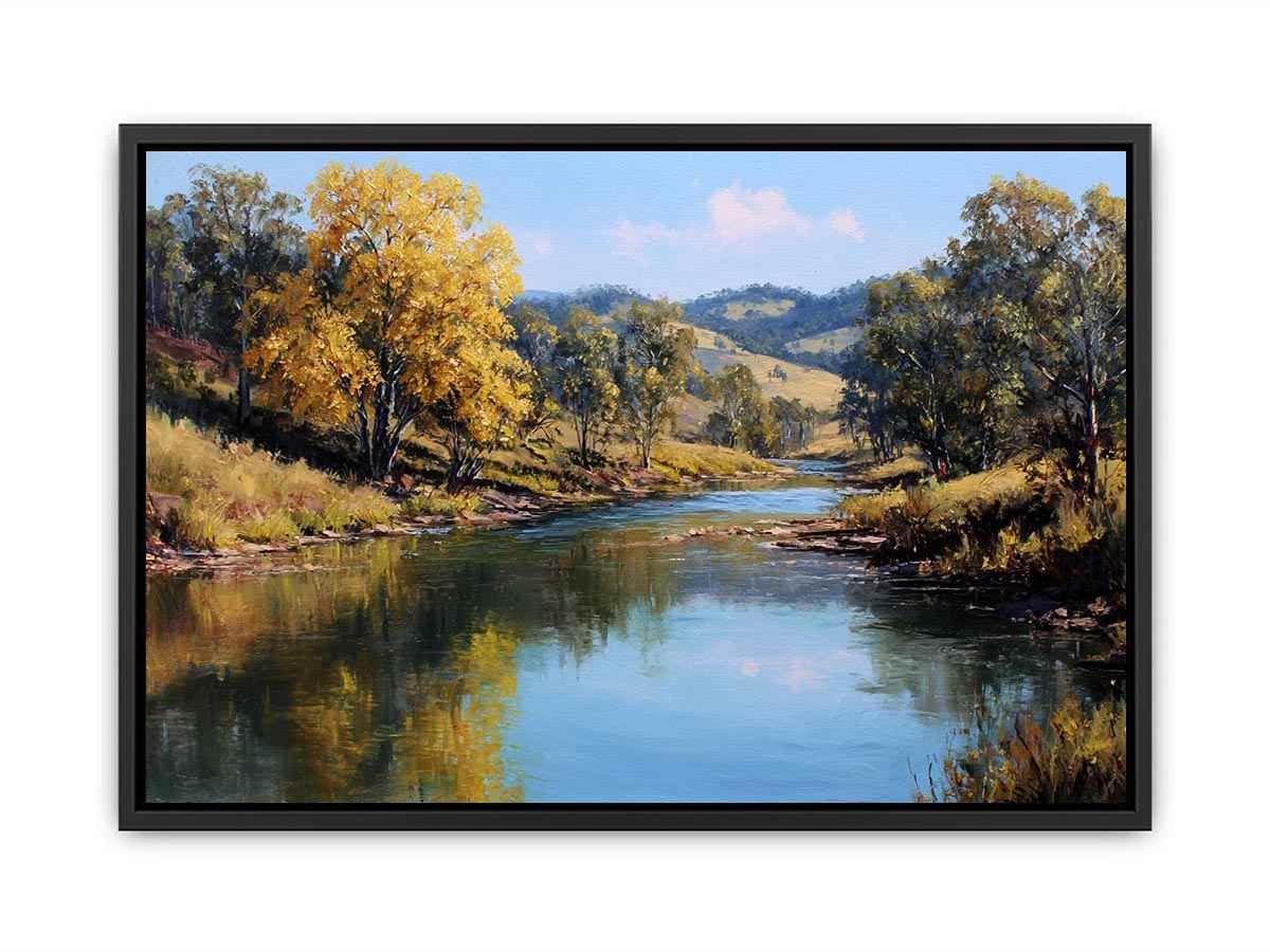 Warm countryside river landscape canvas art for rustic living room decor.