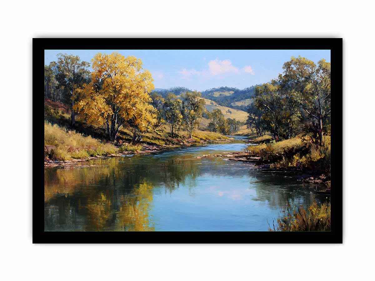 Warm countryside river landscape canvas art for rustic living room decor.