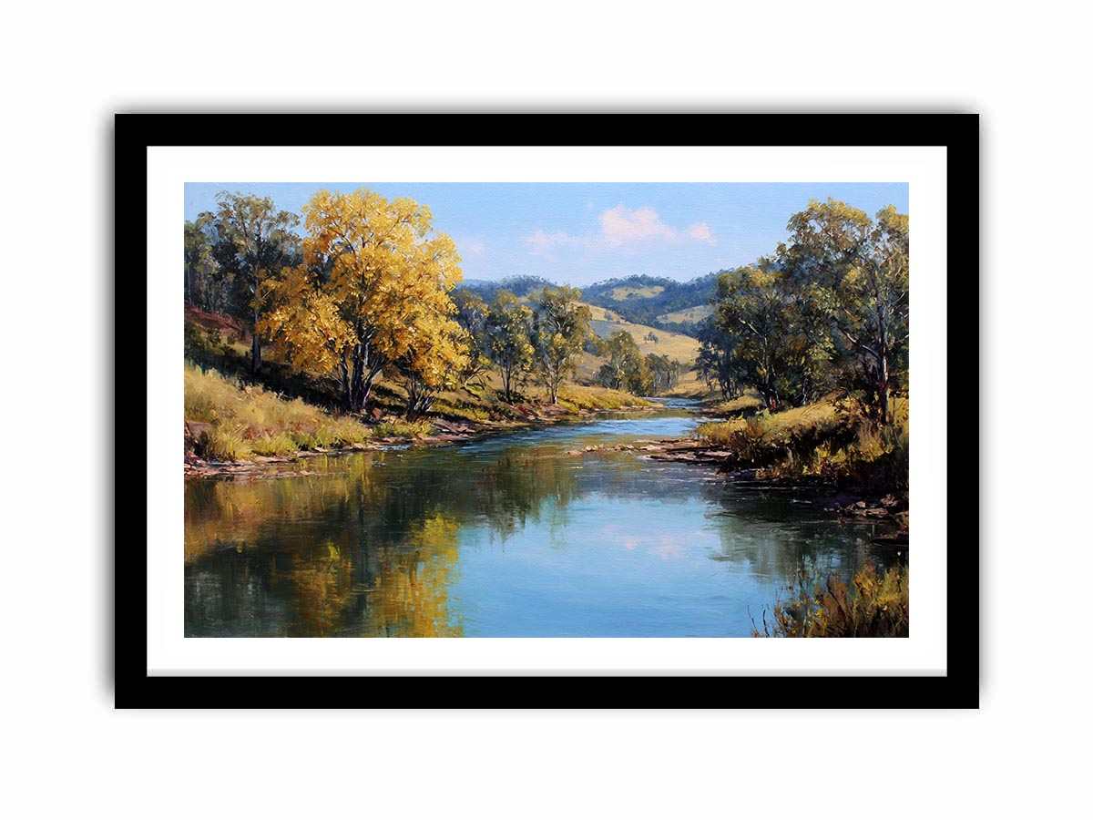 Warm countryside river landscape canvas art for rustic living room decor.