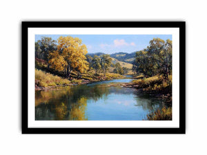 Warm countryside river landscape canvas art for rustic living room decor.