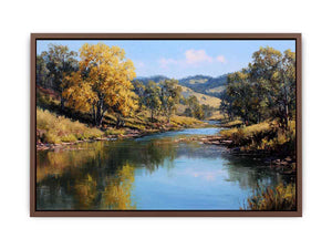 Warm countryside river landscape canvas art for rustic living room decor.