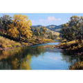 Warm countryside river landscape canvas art for rustic living room decor.