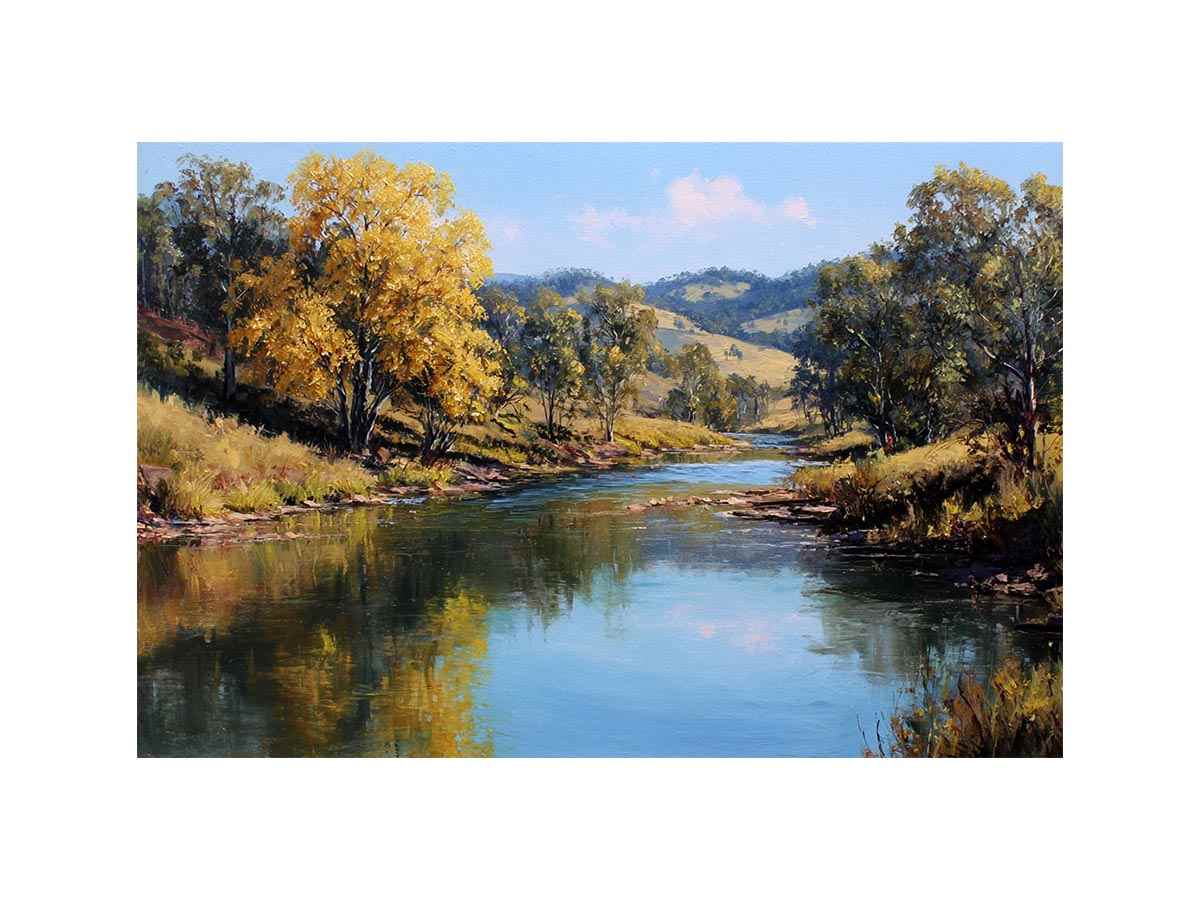 Warm countryside river landscape canvas art for rustic living room decor.