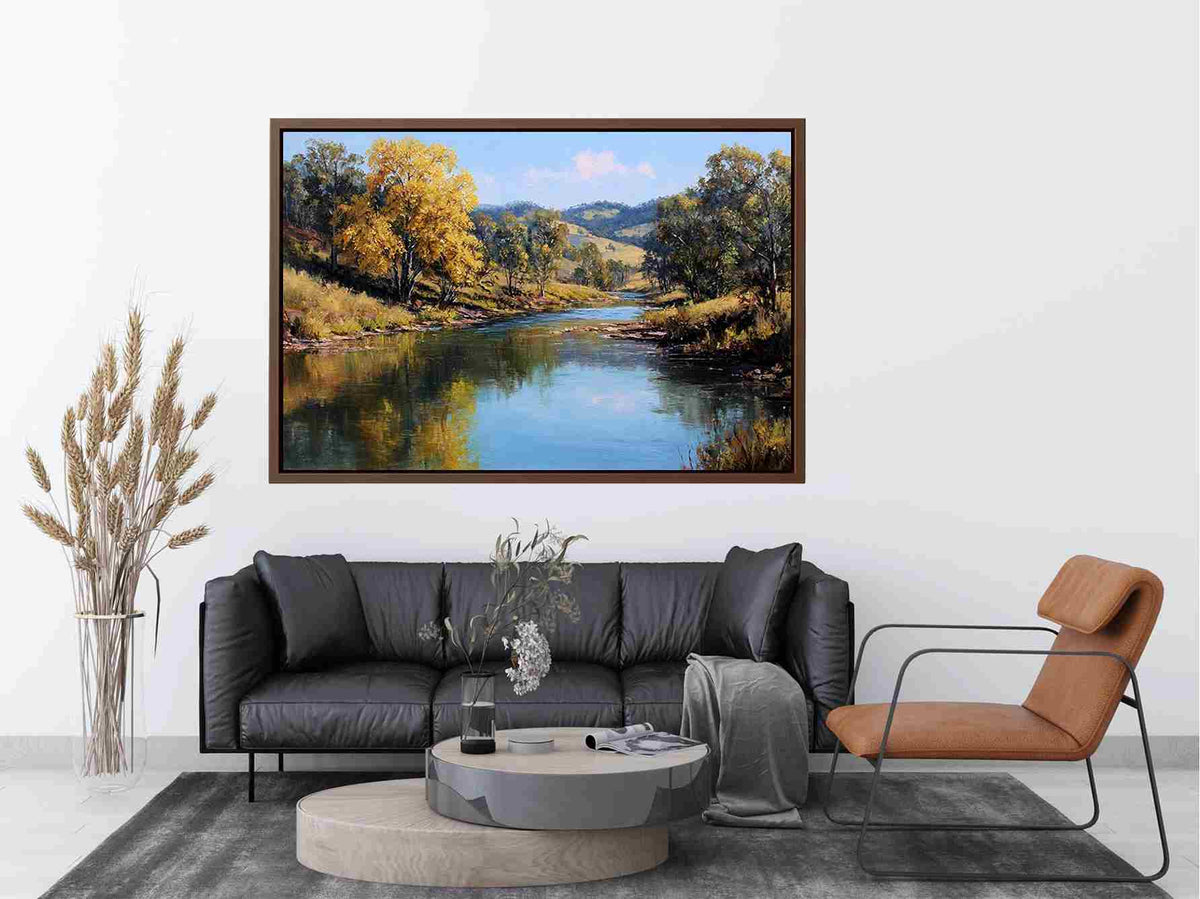 Warm countryside river landscape canvas art for rustic living room decor.