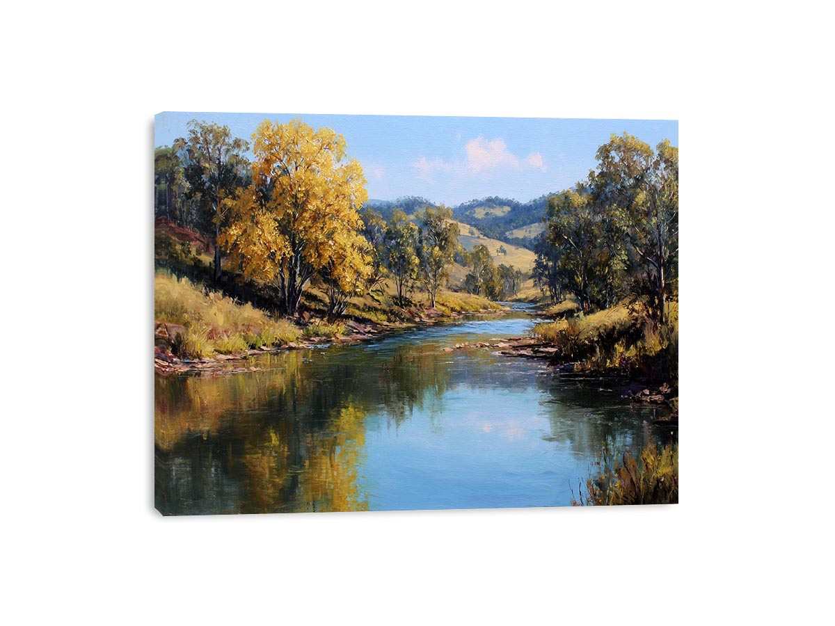Warm countryside river landscape canvas art for rustic living room decor.