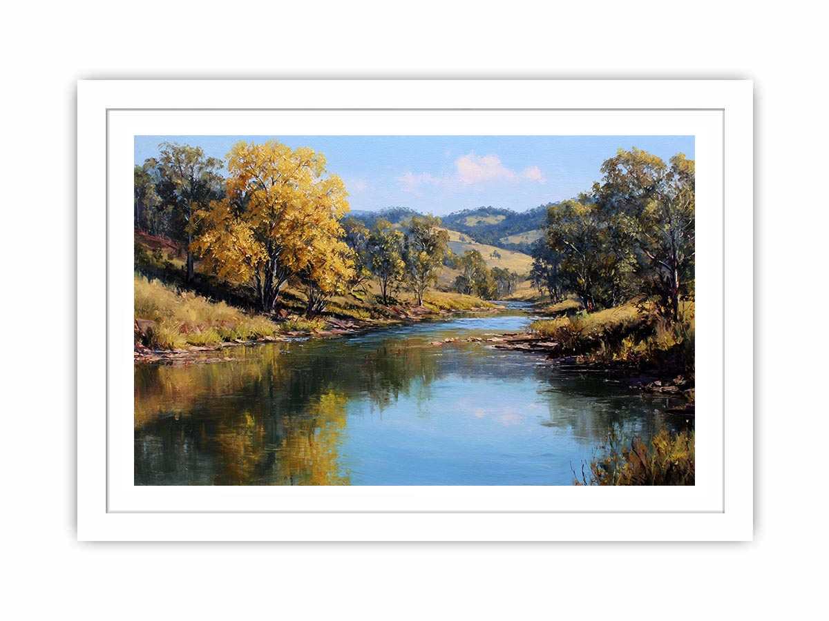 Warm countryside river landscape canvas art for rustic living room decor.
