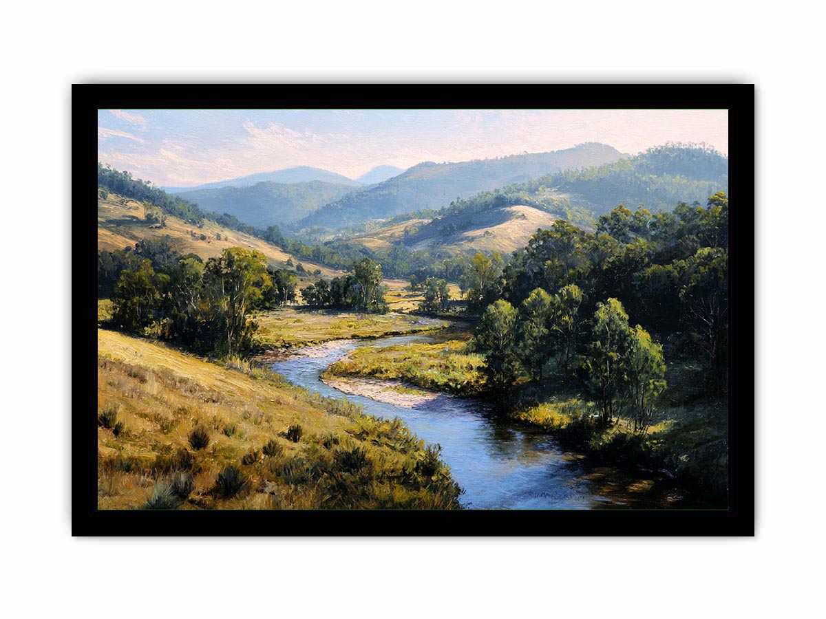 Sunlit river valley landscape canvas art for calm modern rustic living room decor.